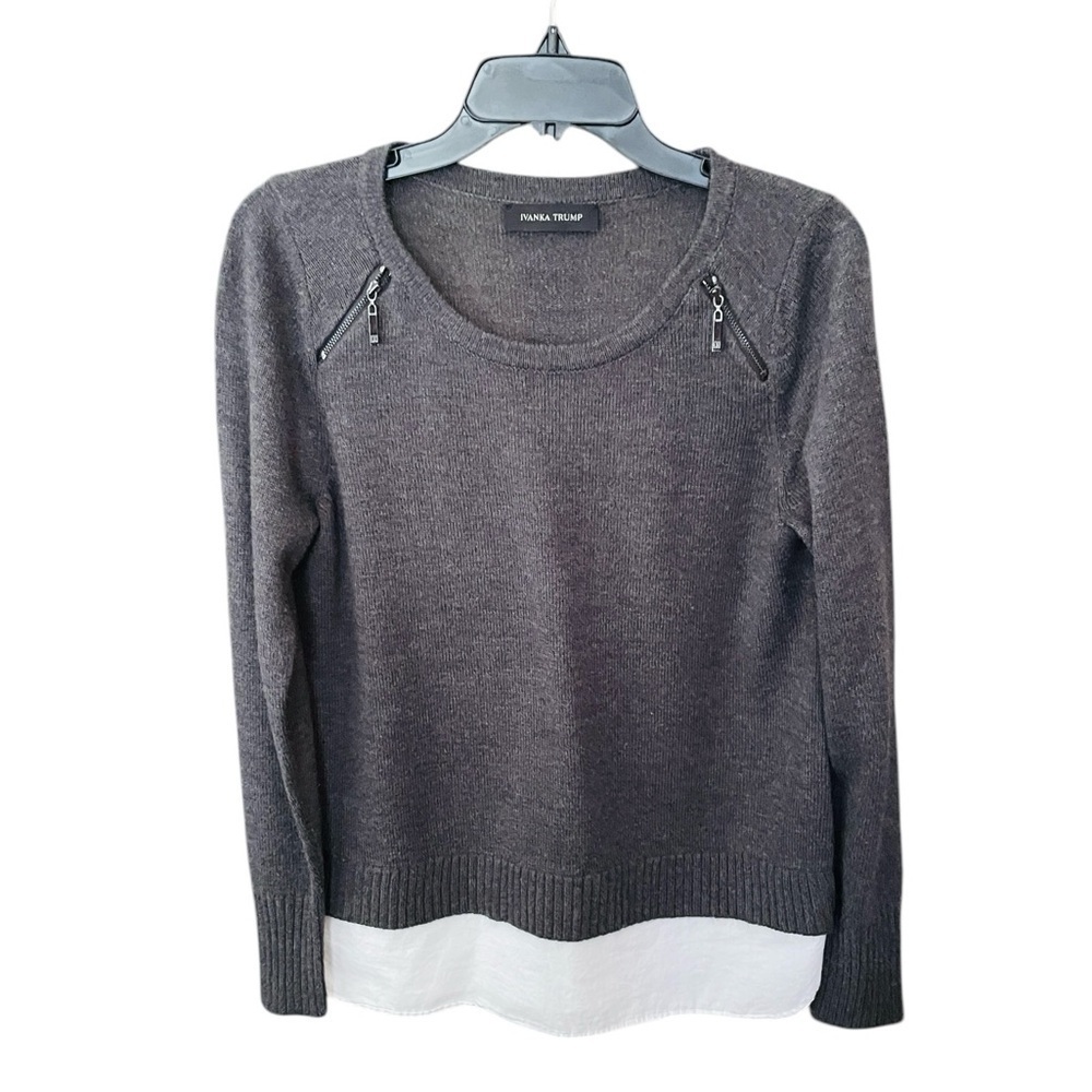 Ivanka Trump zip shoulder layered sweater faux shirt tail SZ S charcoal gray